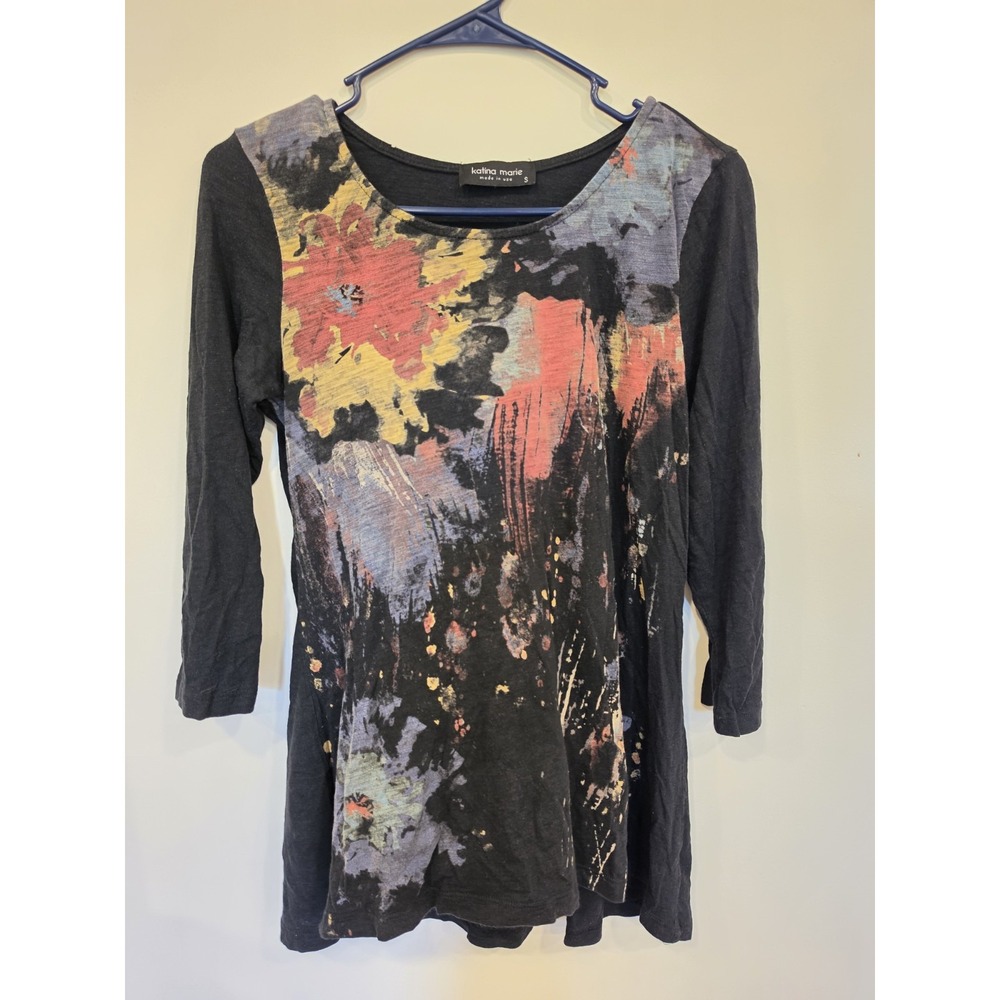Katina Marie Made USA Abstract Floral Tunic Top Small Artsy Boho Long Sleeve